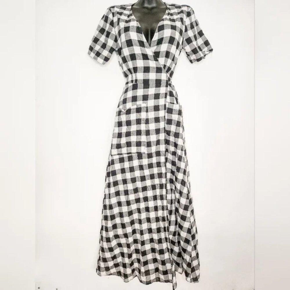Reformation Oberon Gingham Check Buffalo Plaid Linen Wrap Dress – size S
